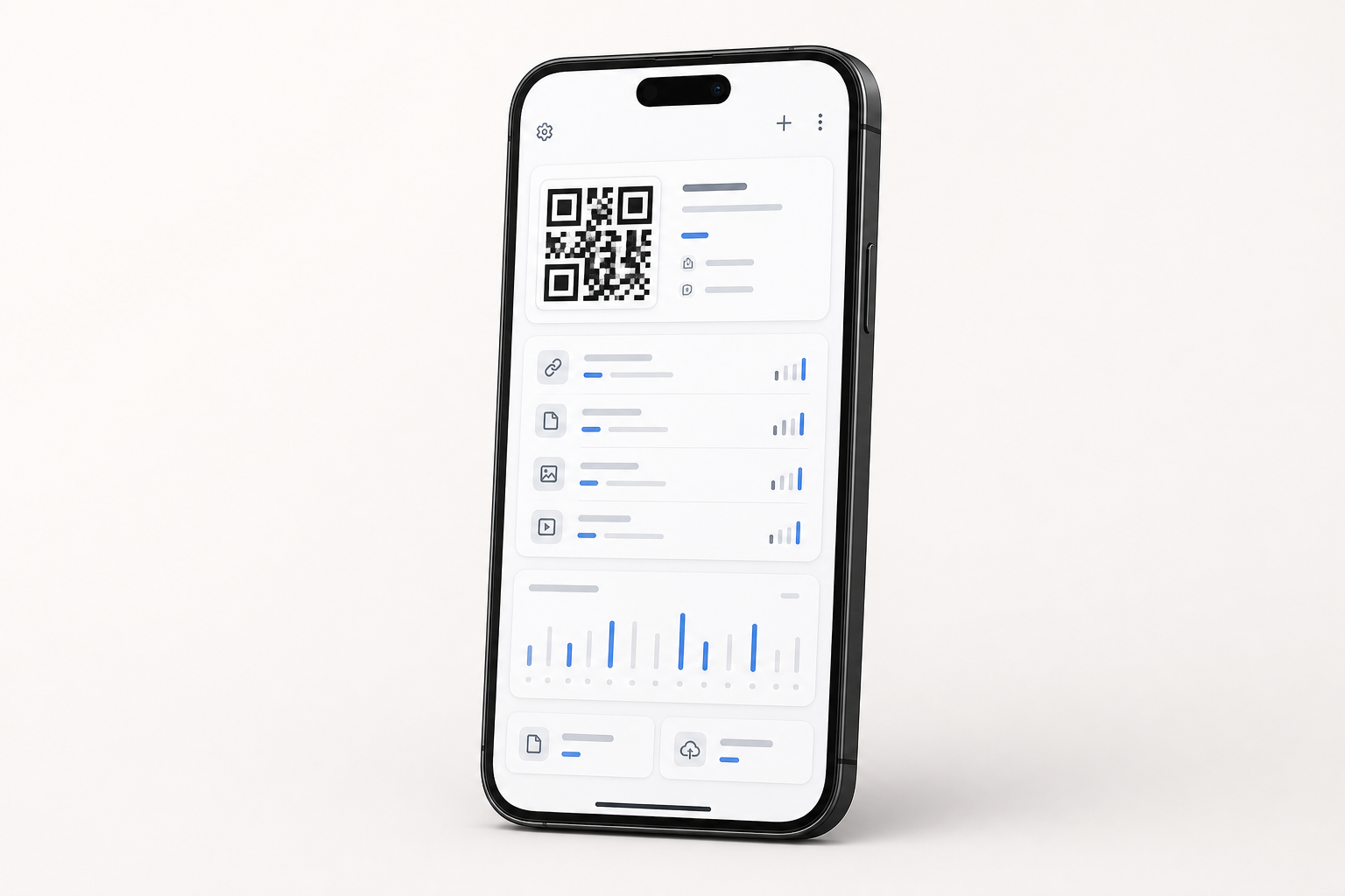 Mockup de iPhone com interface minimalista de gerenciamento de QR Codes
